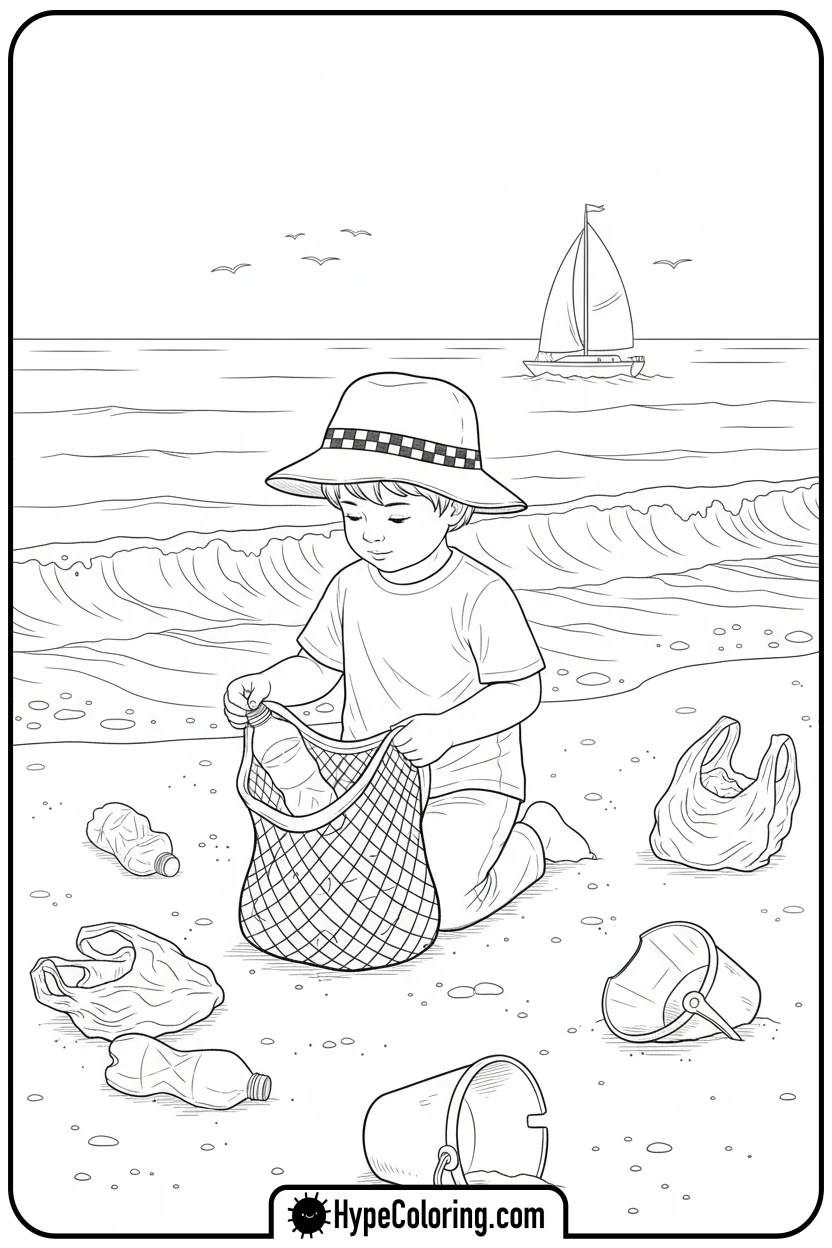 child-cleaning-beach-plastic - earth day color page