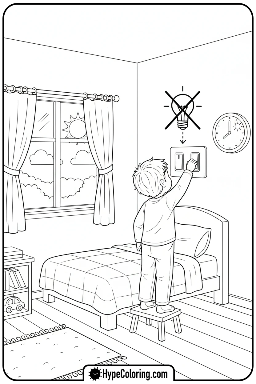 child-turning-off-lights - earth day color page
