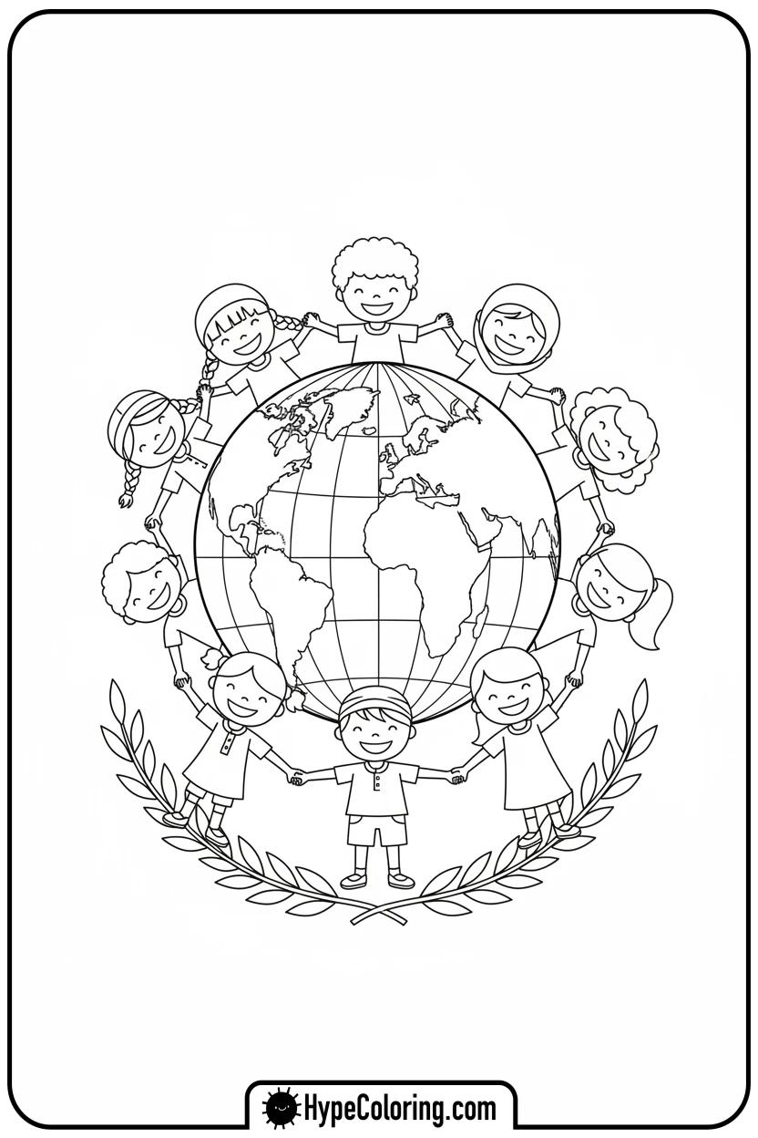 children-holding-hands-around-globe - earth day color page