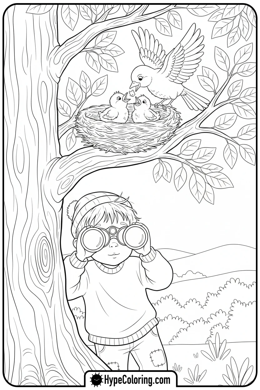 child-watching-bird-nest - earth day color page