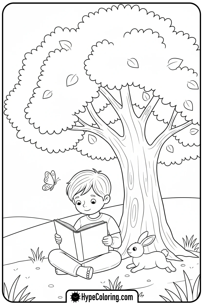 child-reading-under-tree - earth day color page