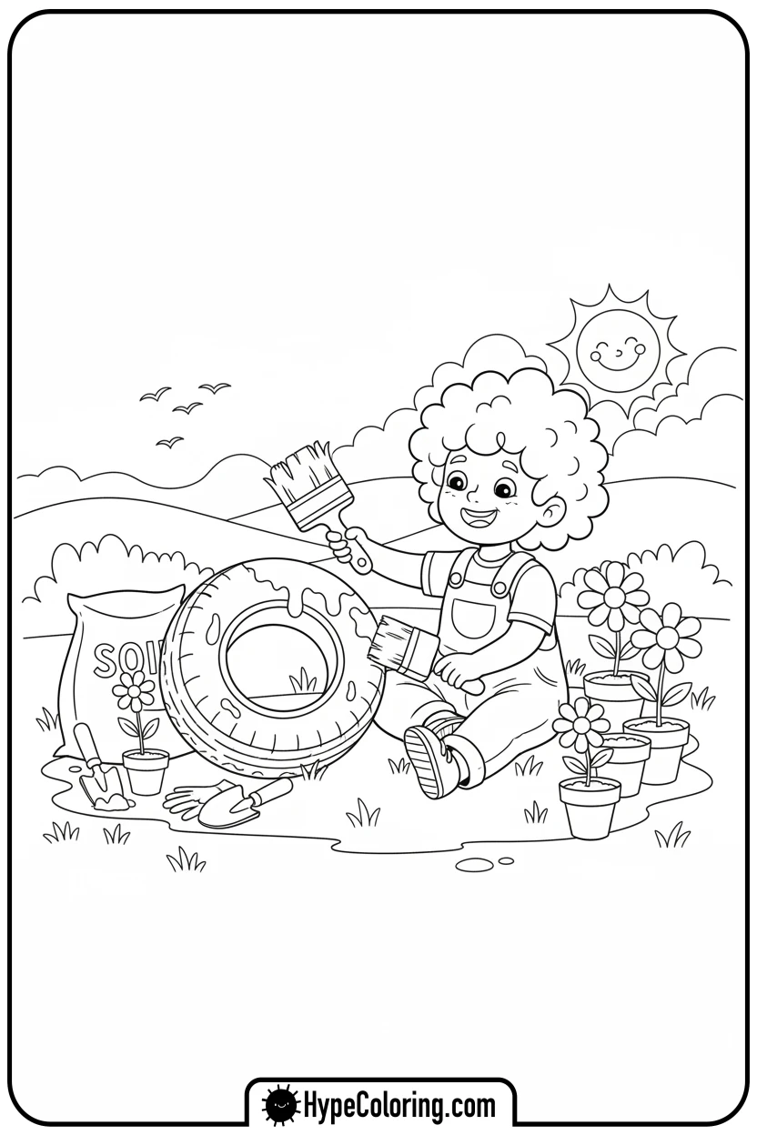 child-upcycling-tire-planter - earth day color page