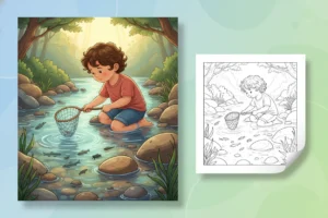 a-child-gently-scooping-a - fishing coloring pages