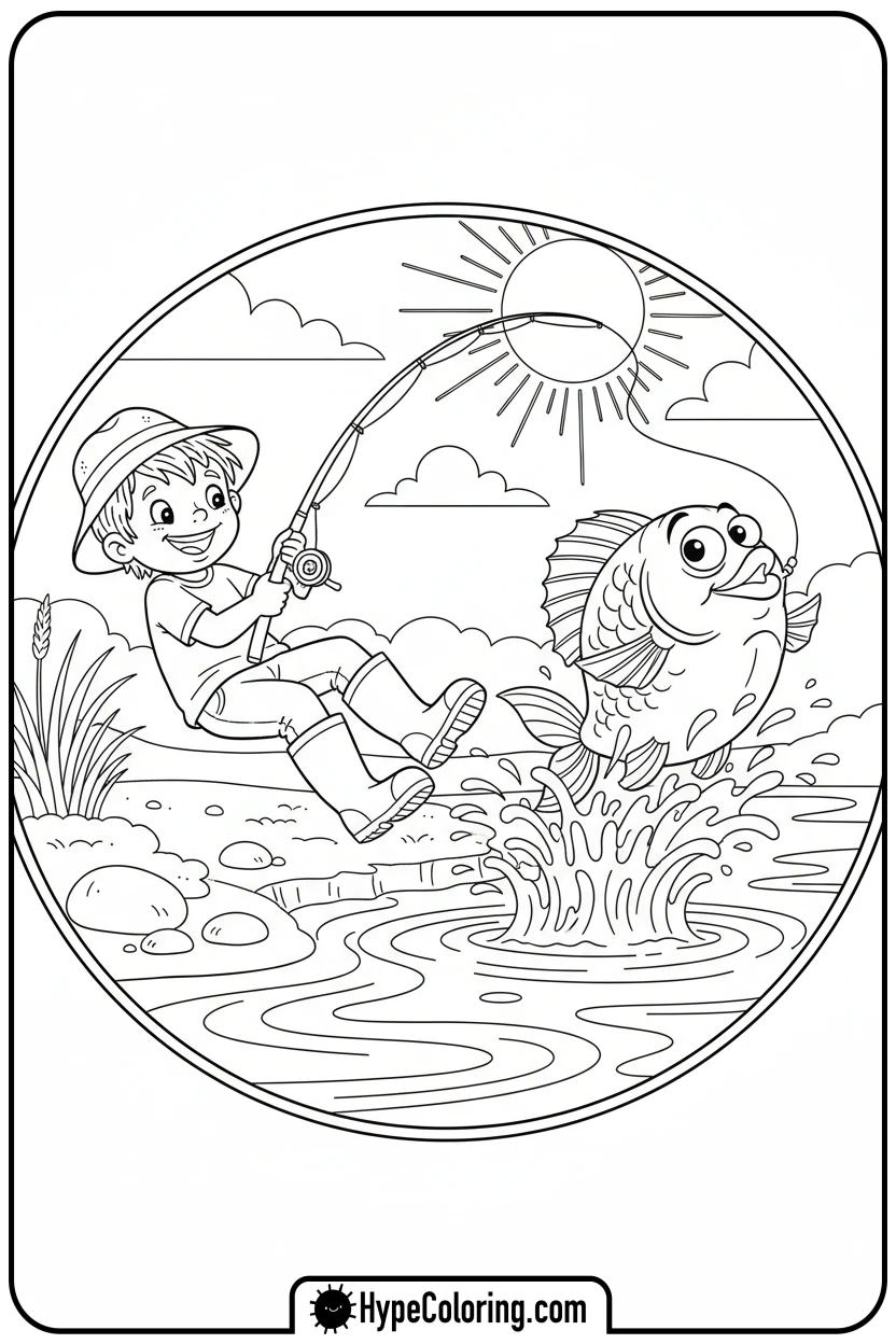 child-reeling-in-big-fish - fishing coloring pages
