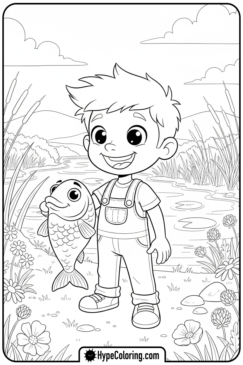 smiling-character-with-fish - fishing coloring pages