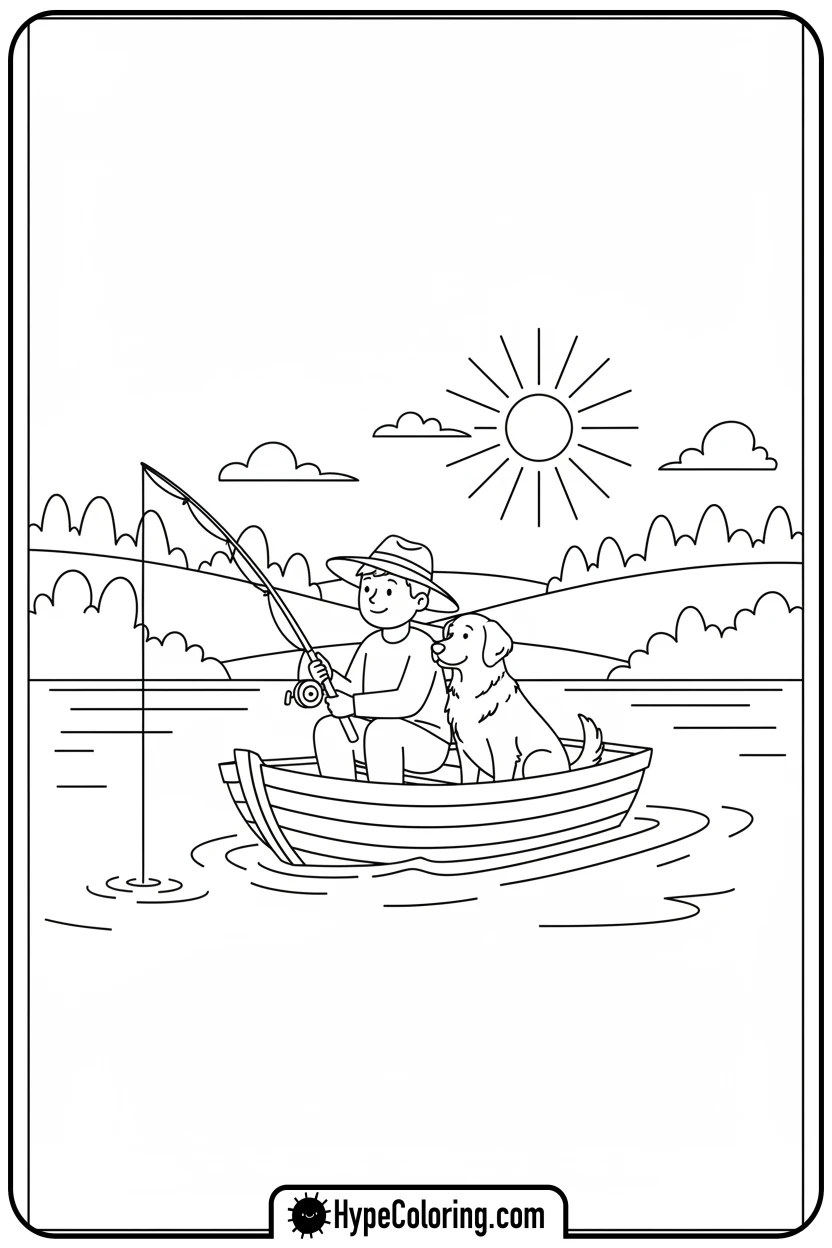 fishing-from-boat-with-dog - fishing coloring pages