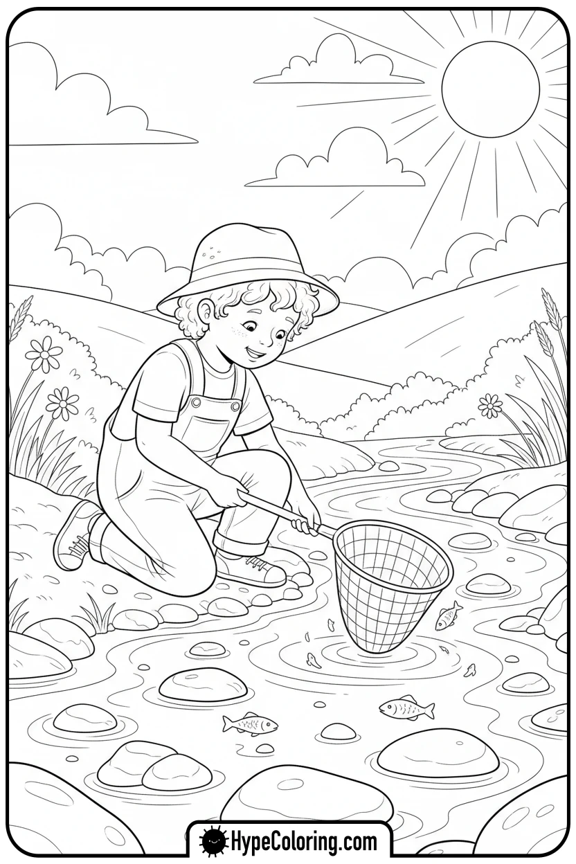 child-net-fishing - fishing coloring pages
