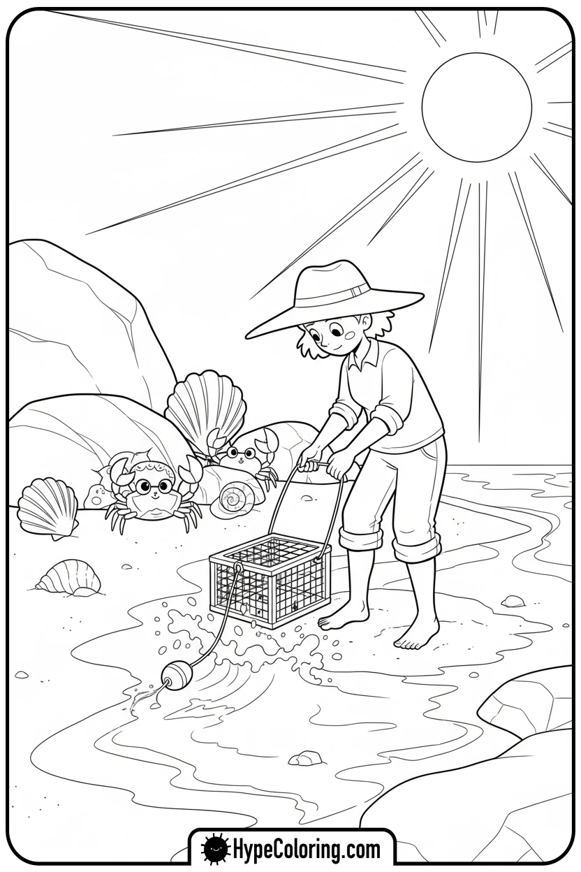 character-crabbing-on-beach - fishing coloring pages