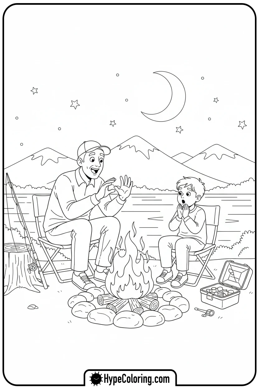 friends-telling-fishing-story - fishing coloring pages