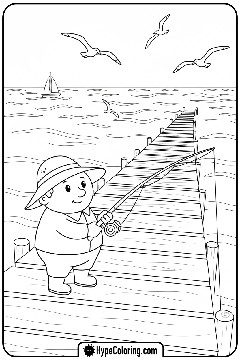 character-fishing-from-pier - fishing coloring pages