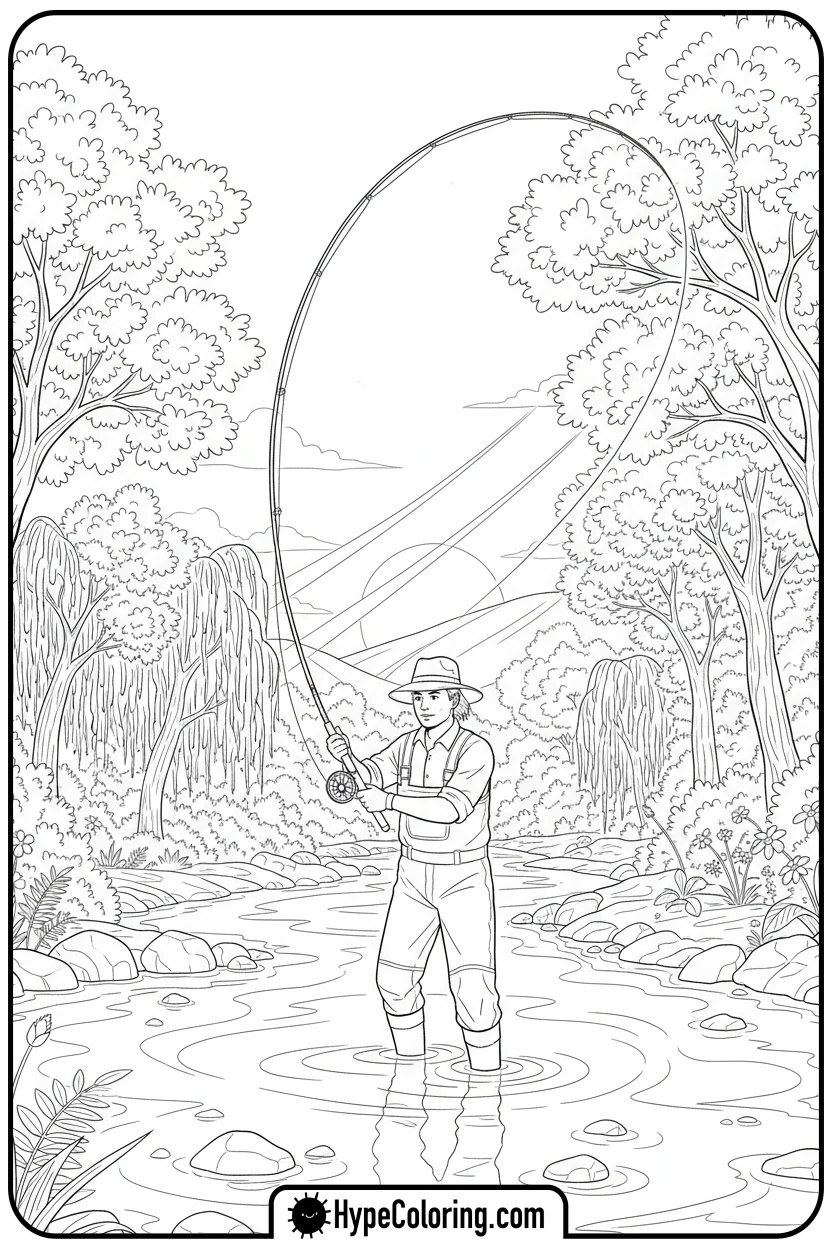 character-fly-fishing - fishing coloring pages