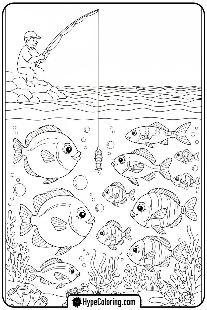 underwater-fish-around-bait - fishing coloring pages