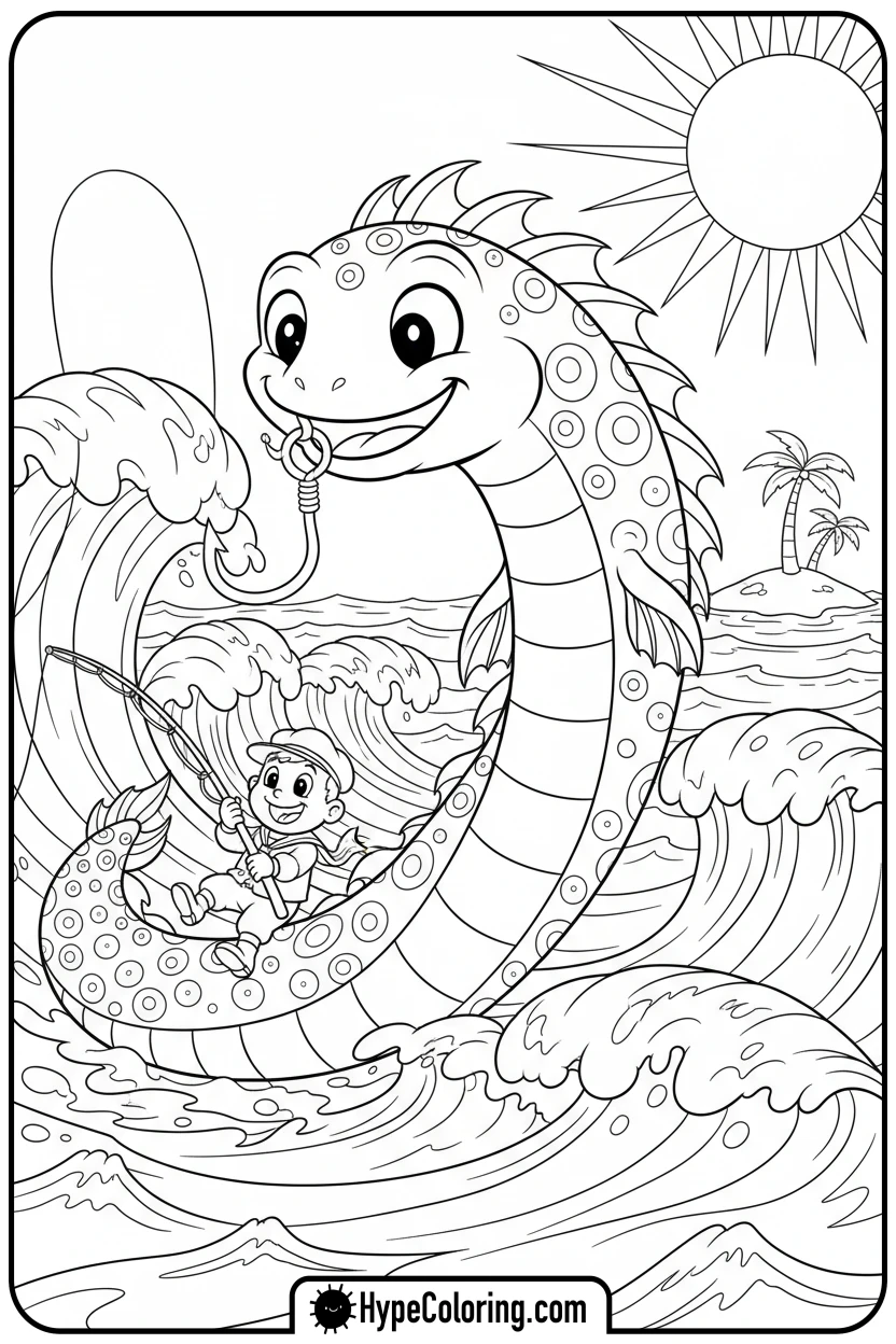 tiny-character-giant-catch - fishing coloring pages