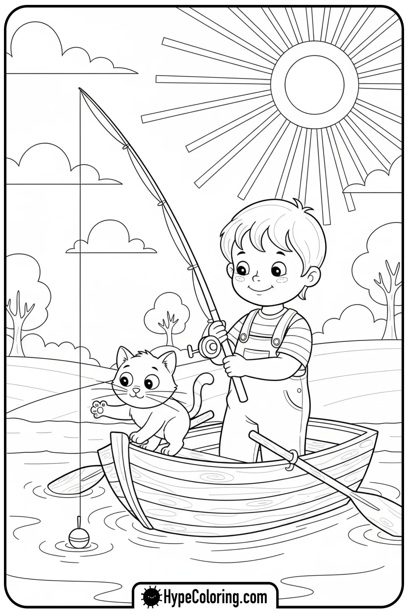child-fishing-with-cat - fishing coloring pages