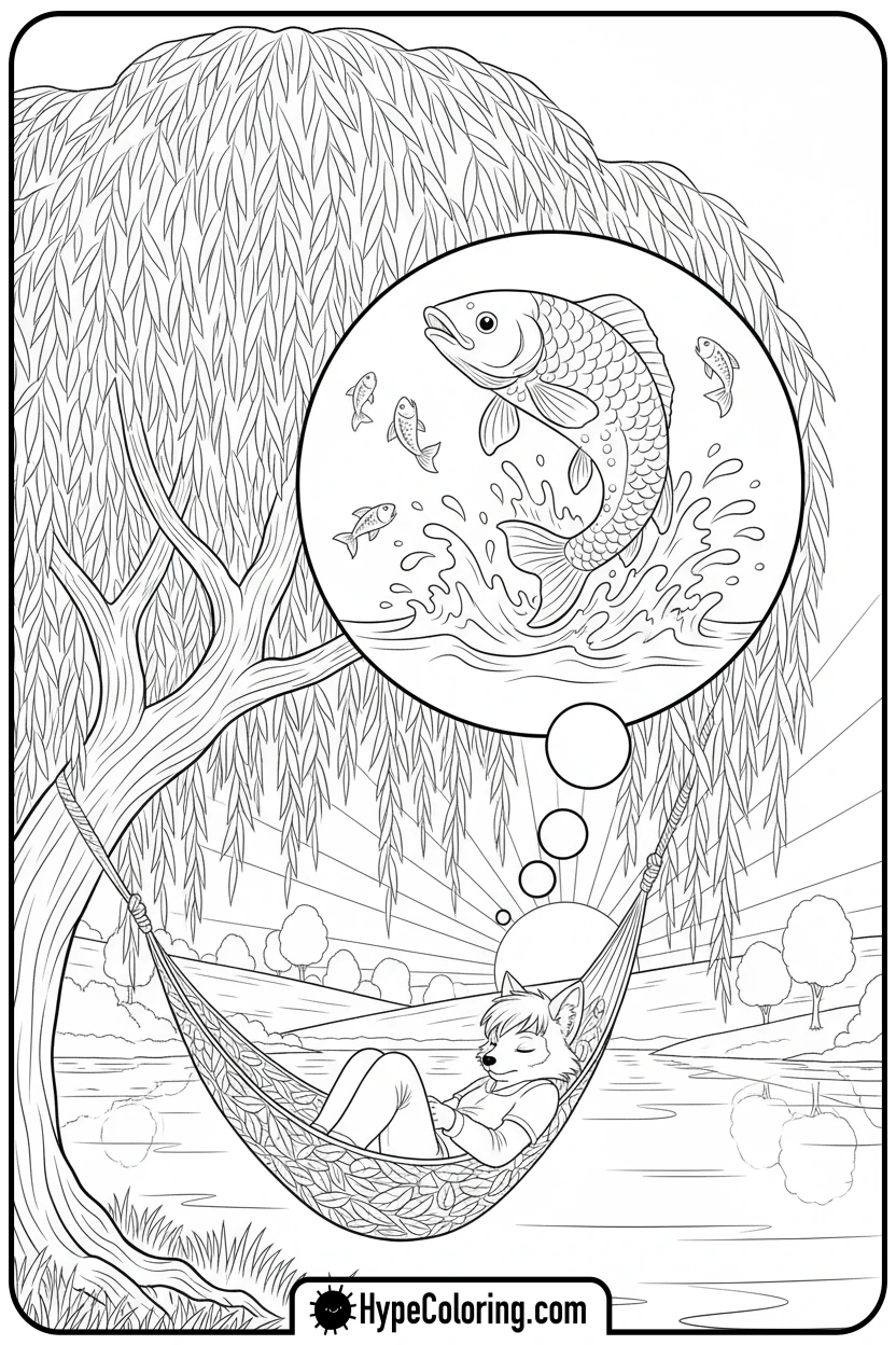 character-dreaming-of-fish - fishing coloring pages