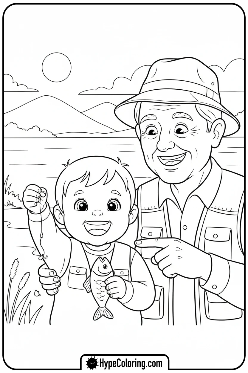 child-holding-first-fish - fishing coloring pages