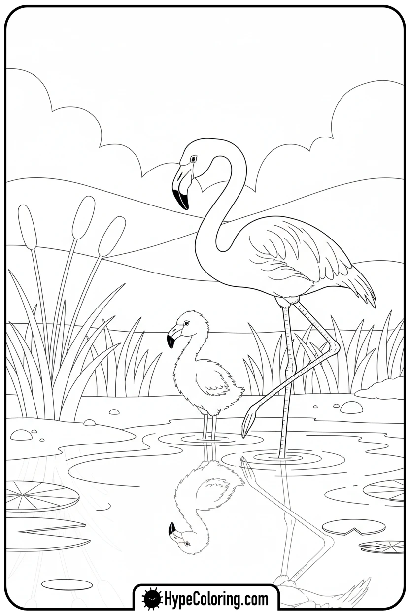 Click to download PDF mother-flamingo-with-chick - flamingo coloring pages