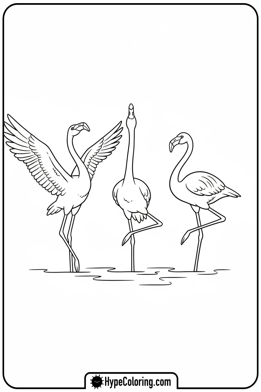 Click to download PDF three-flamingos-dancing - flamingo coloring pages