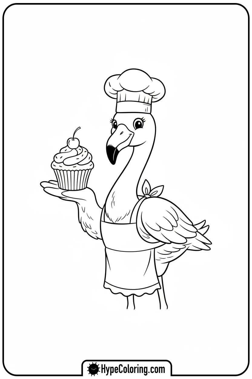 Click to download PDF flamingo-chef-with-cupcake - flamingo coloring pages
