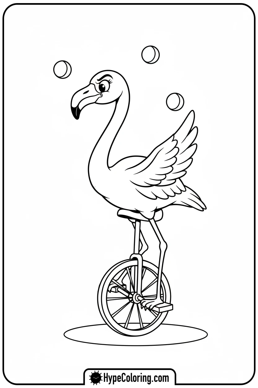 Click to download PDF flamingo-juggling-on-unicycle - flamingo coloring pages