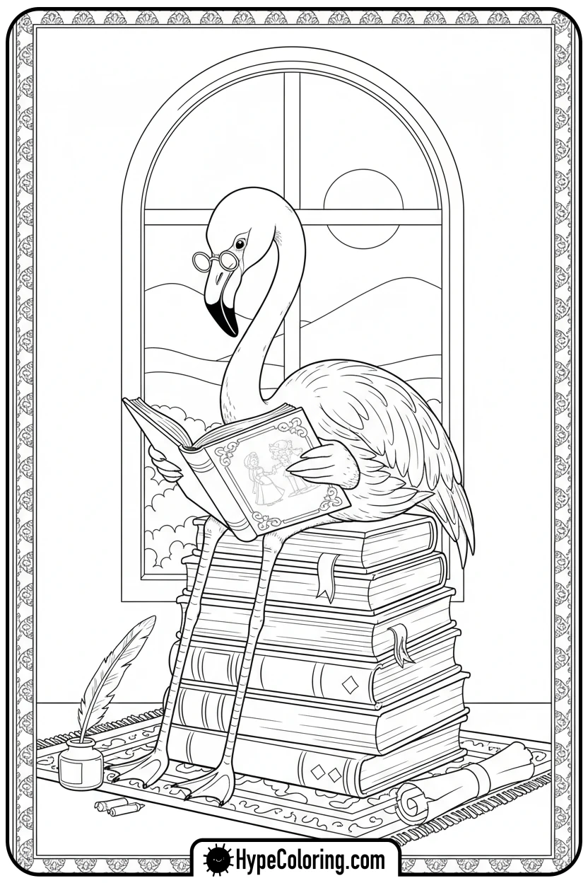 Click to download PDF flamingo-reading-a-book - flamingo coloring pages