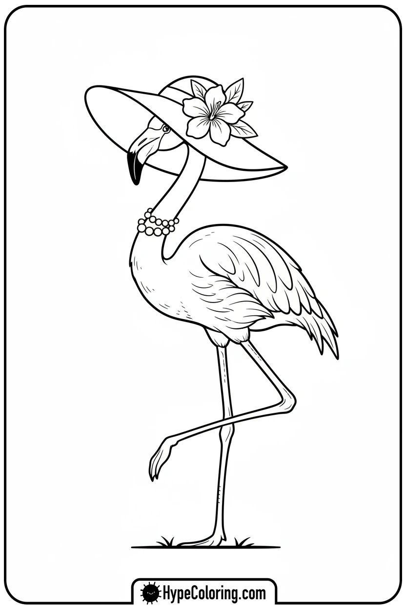 Click to download PDF flamingo-with-hat-and-necklace - flamingo coloring pages