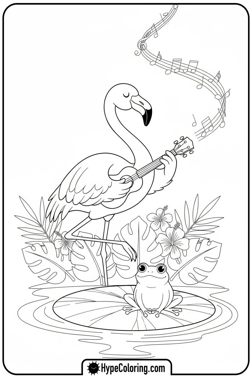Click to download PDF flamingo-playing-ukulele - flamingo coloring pages