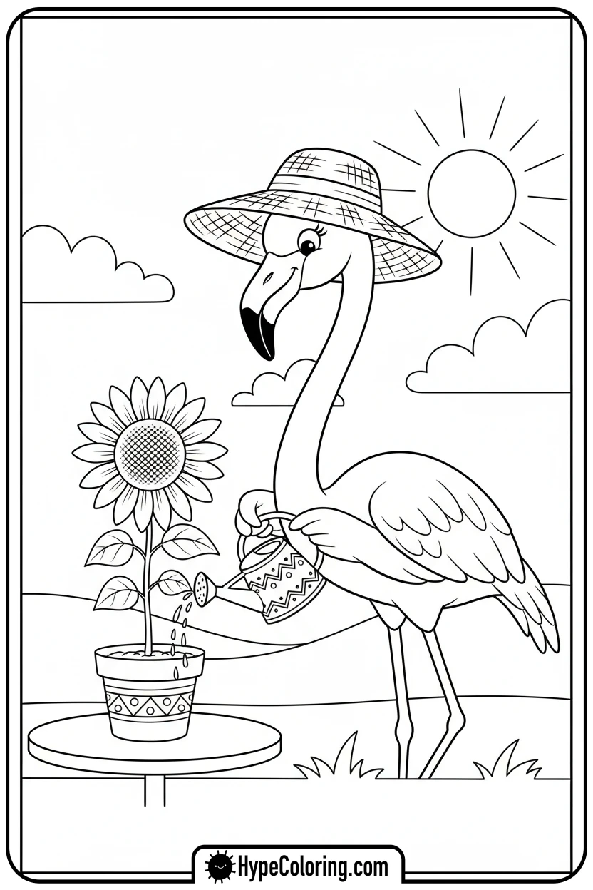 Click to download PDF flamingo-watering-a-sunflower - flamingo coloring pages