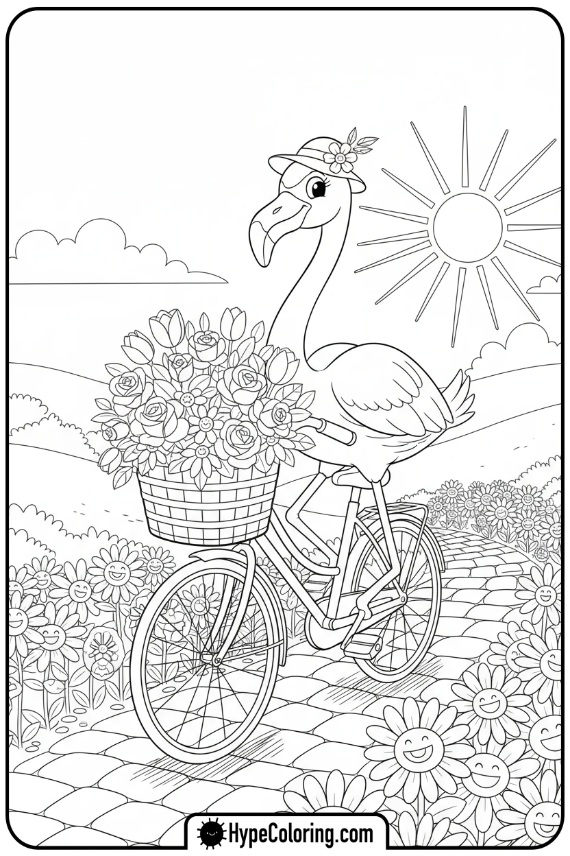 Click to download PDF flamingo-riding-a-bicycle - flamingo coloring pages