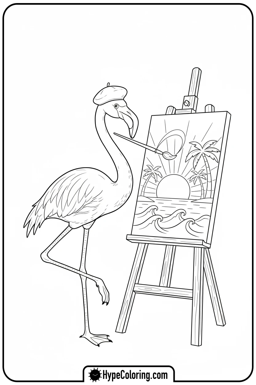 Click to download PDF flamingo-painting-on-easel - flamingo coloring pages