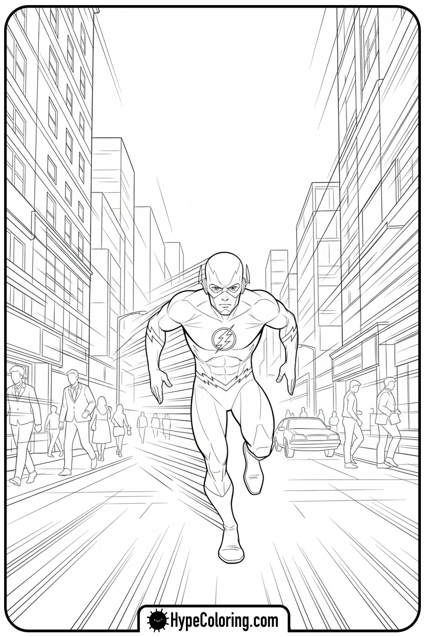 flash-running-city-street - flash coloring pages