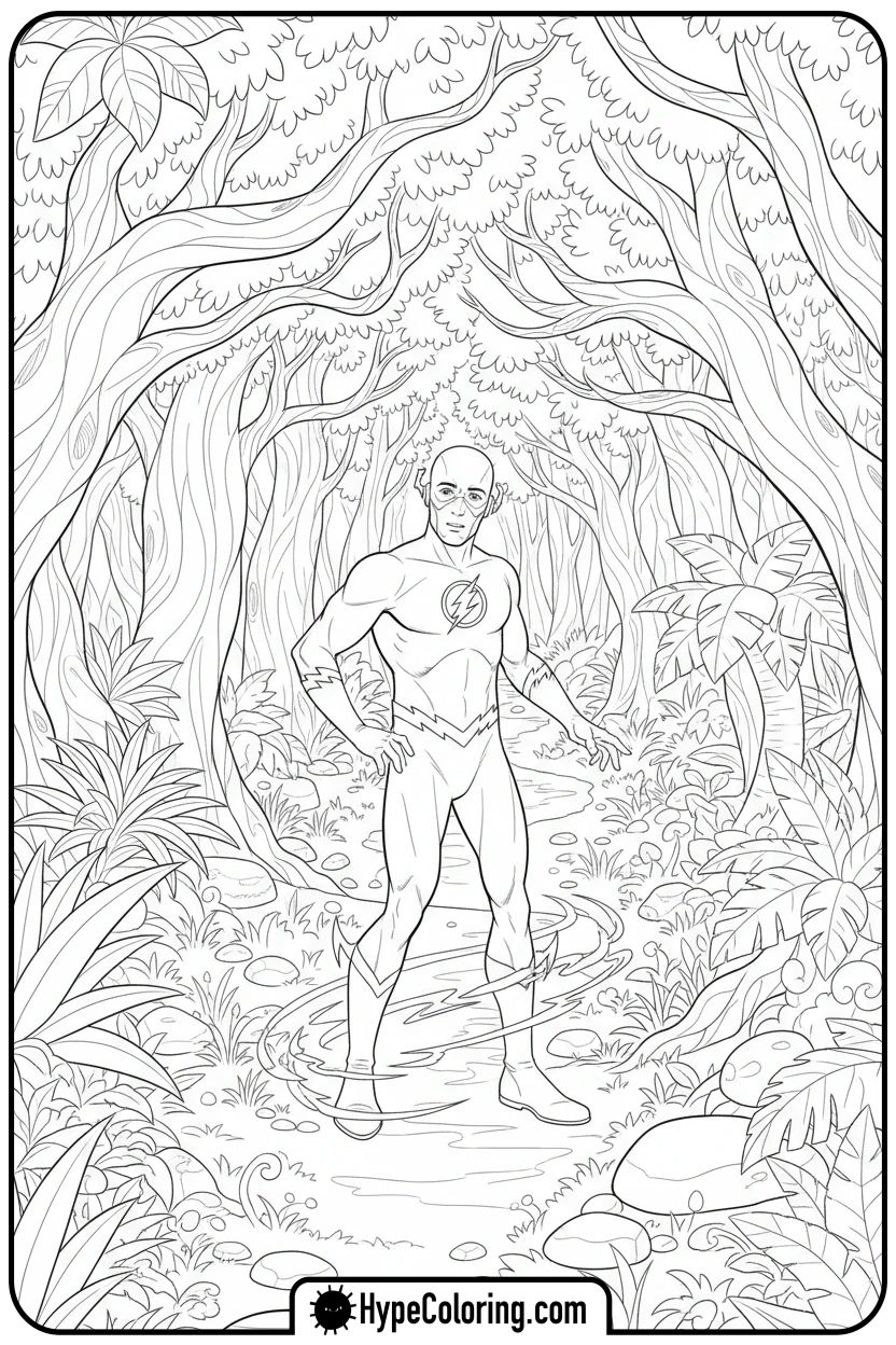 flash-exploring-forest - flash coloring pages