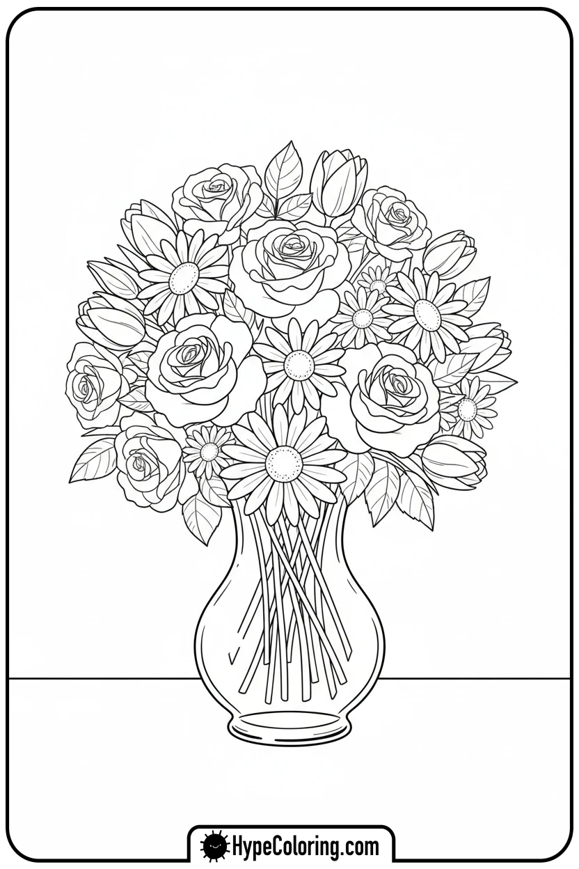 flower-bouquet-in-a-glass-vase - flower bouquet coloring page