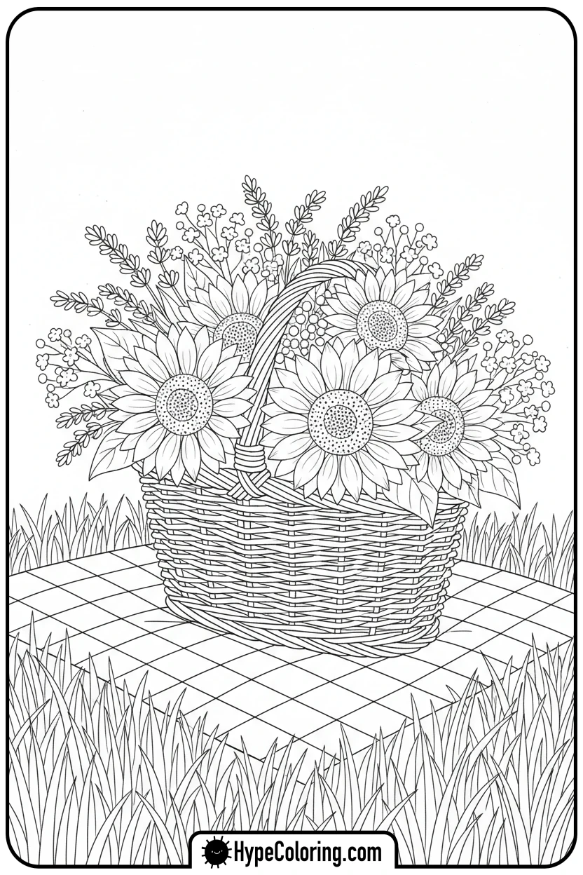 bouquet-in-picnic-basket - flower bouquet coloring page