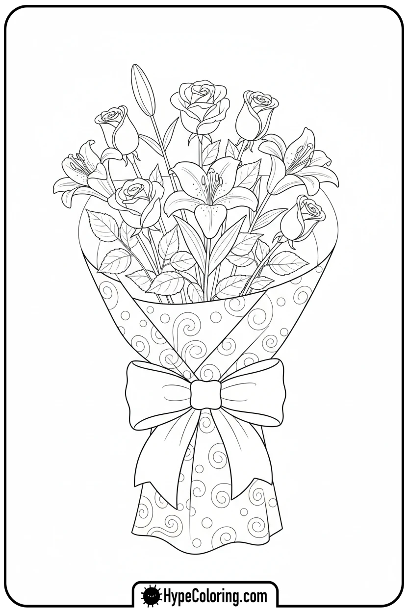 wrapped-bouquet-with-bow - flower bouquet coloring page