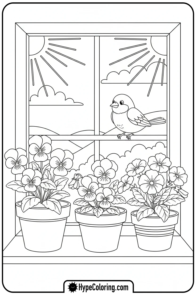 bouquet-on-windowsill-with-bird - flower bouquet coloring page
