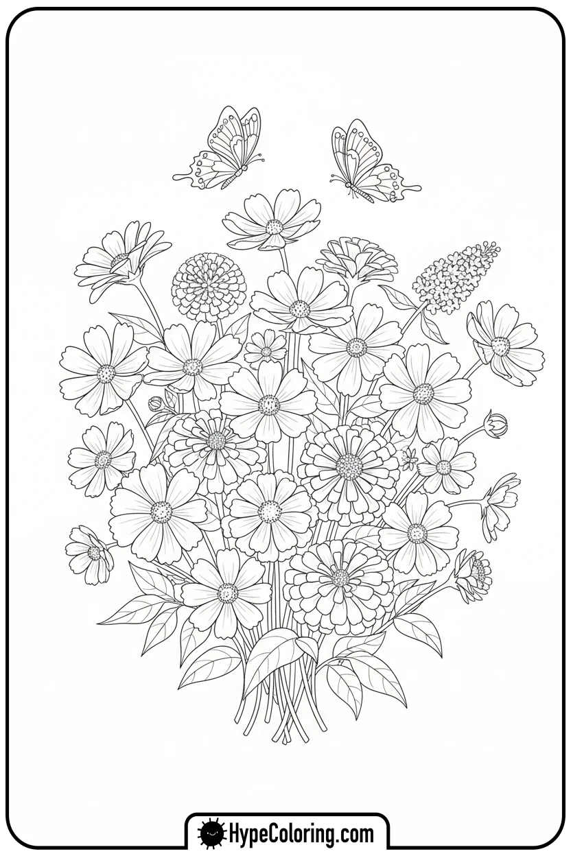 bouquet-with-butterflies - flower bouquet coloring page