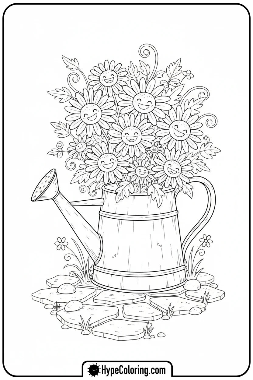 daisies-in-a-watering-can - flower bouquet coloring page