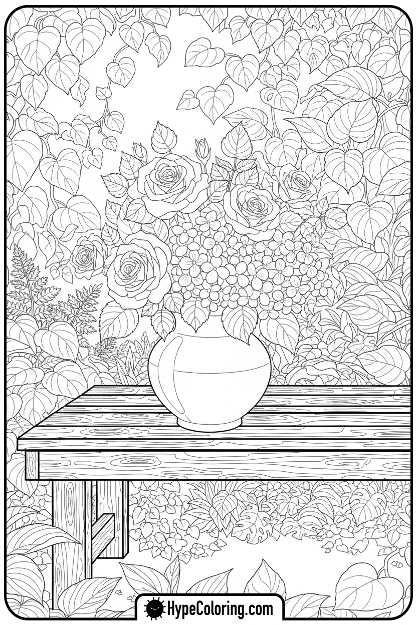 bouquet-on-garden-bench - flower bouquet coloring page