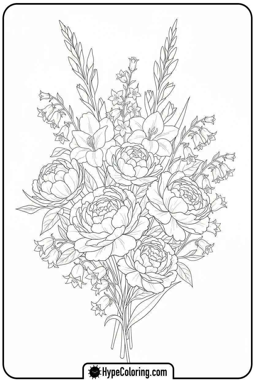 varied-flower-bouquet - flower bouquet coloring page