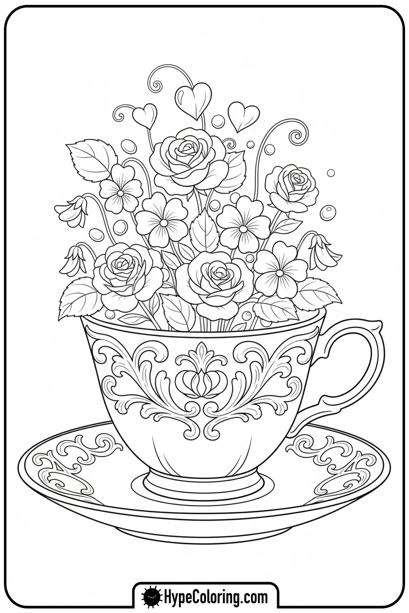 teacup-flower-bouquet - flower bouquet coloring page