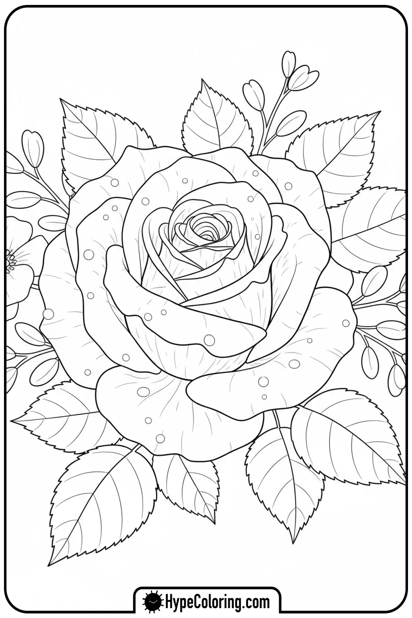 close-up-rose-with-dew-drops - flower bouquet coloring page