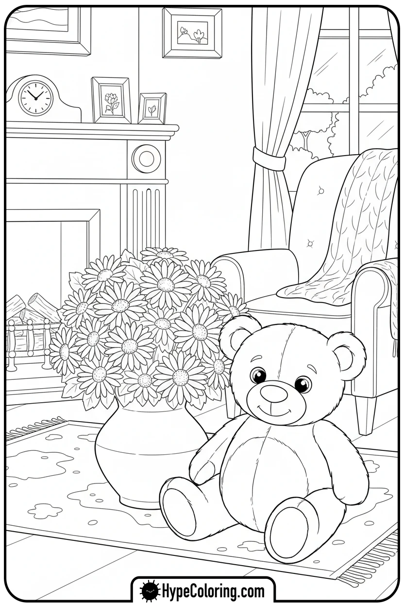 bouquet-next-to-teddy-bear - flower bouquet coloring page
