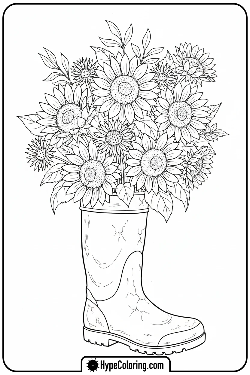 flowers-in-an-old-boot - flower bouquet coloring page