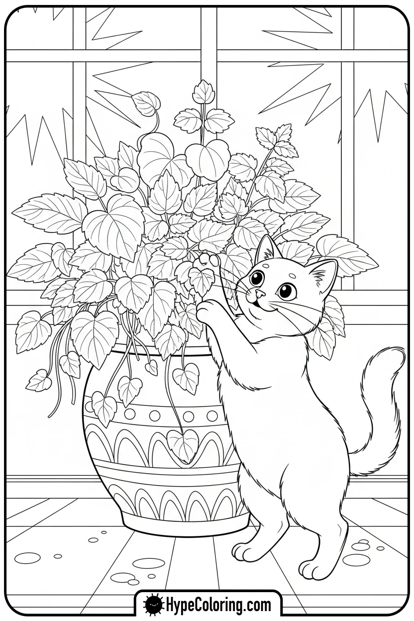 cat-admiring-potted-bouquet - flower bouquet coloring page