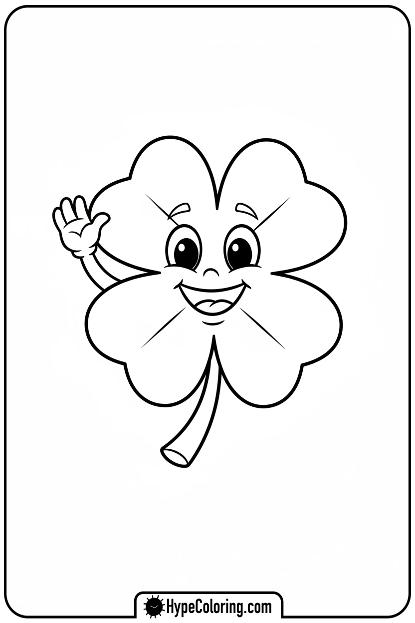 happy-four-leaf-clover-waving - four leaf clover coloring page