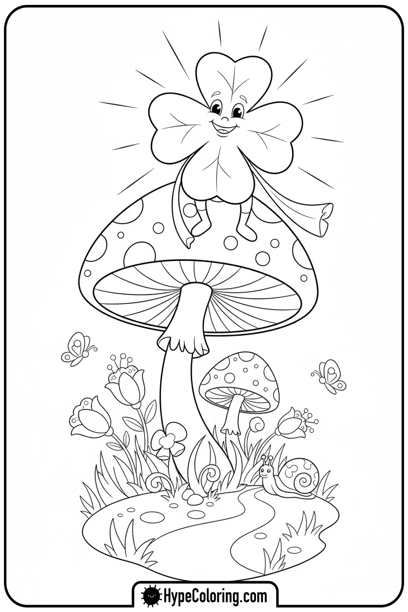 clover-sitting-on-a-mushroom - four leaf clover coloring page