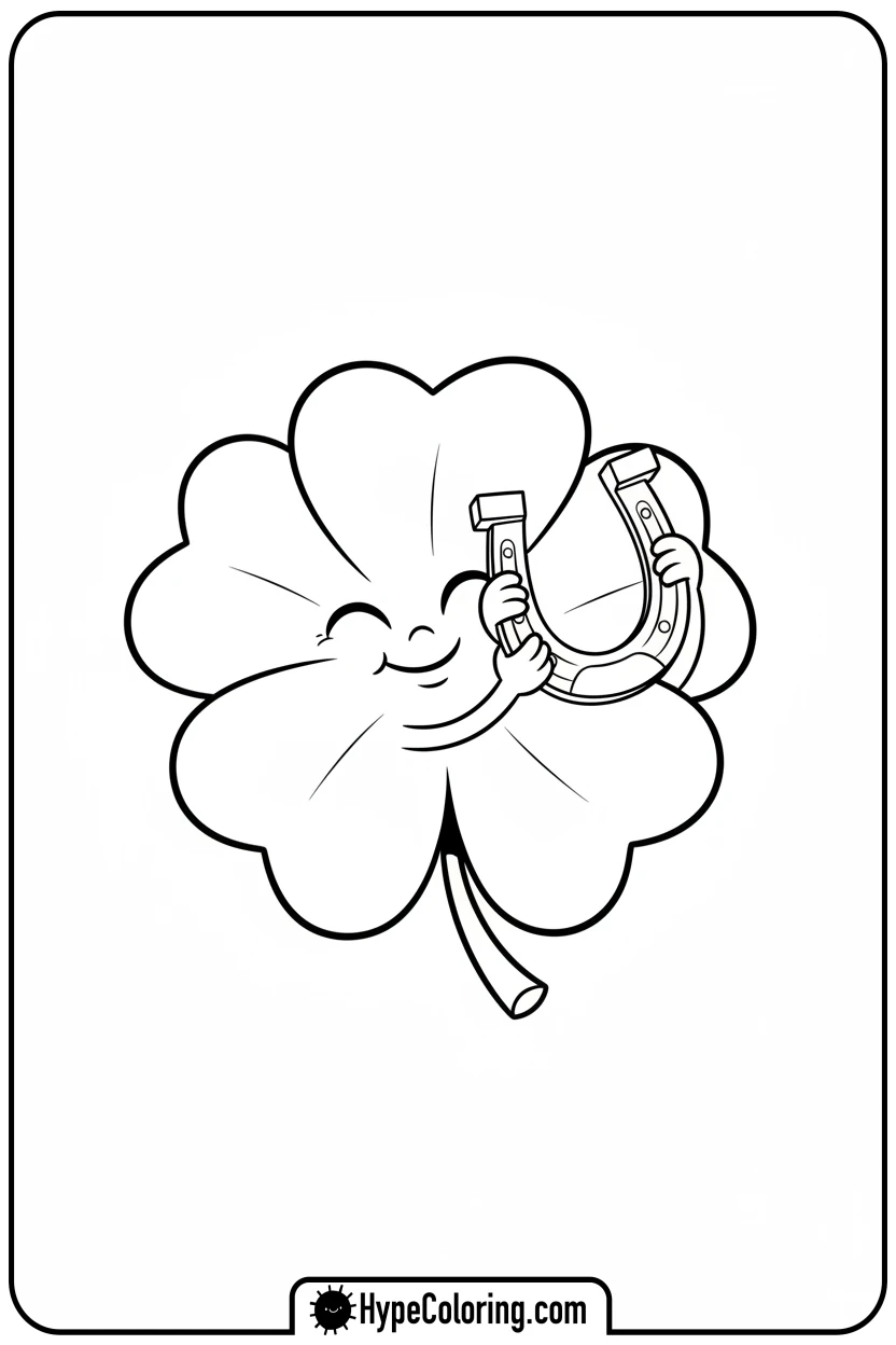 clover-holding-a-golden-horseshoe - four leaf clover coloring page