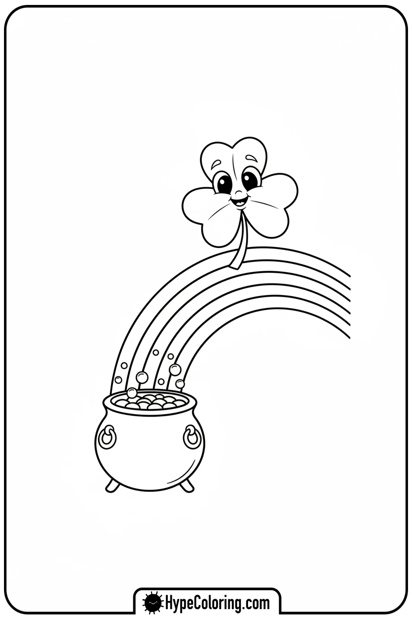 clover-at-rainbow-with-pot-of-gold - four leaf clover coloring page
