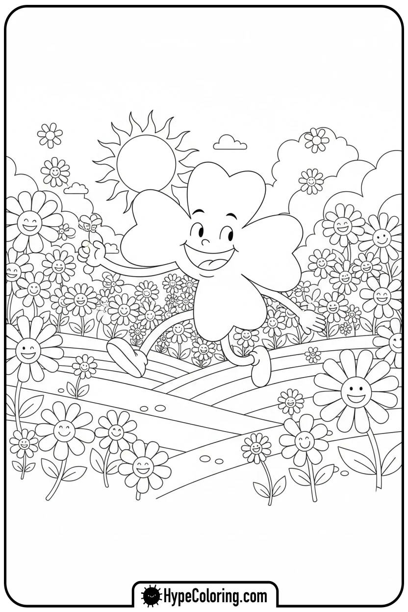 clover-skipping-through-daisies - four leaf clover coloring page